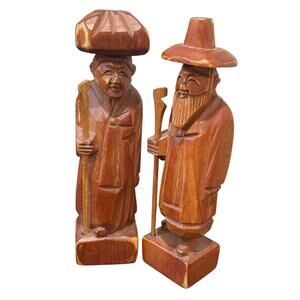 Vintage Pair Wooden Hand Carved Asian Chinese Elderly Couple Statue Man Woman 7"